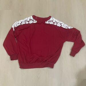 Source Unknown Red Sweatshirt with White Lace Detail